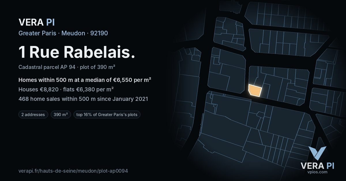 1 Rue Rabelais, Meudon at night – the plot lit, the parcels around coloured by the prices near them
