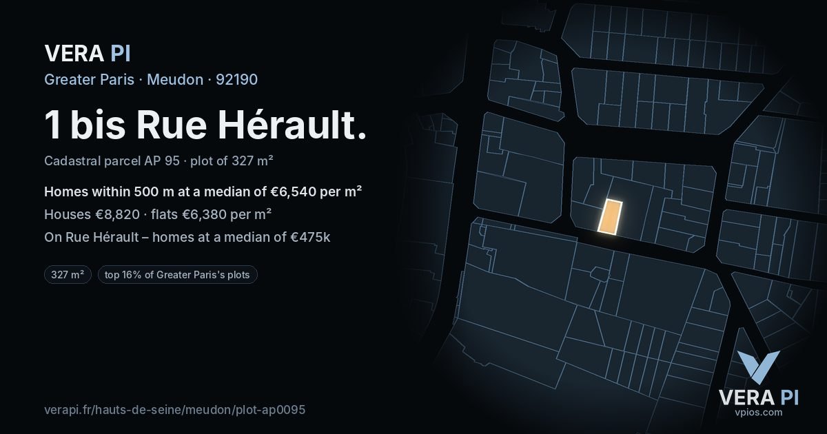 1 bis Rue Hérault, Meudon at night – the plot lit, the parcels around coloured by the prices near them