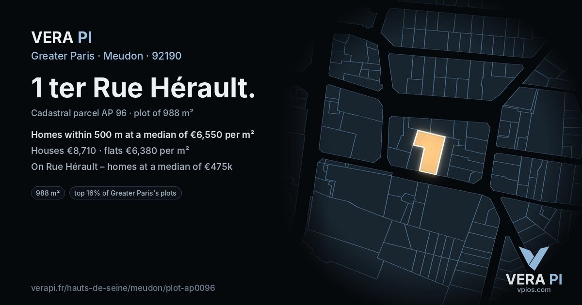 1 ter Rue Hérault, Meudon at night – the plot lit, the parcels around coloured by the prices near them