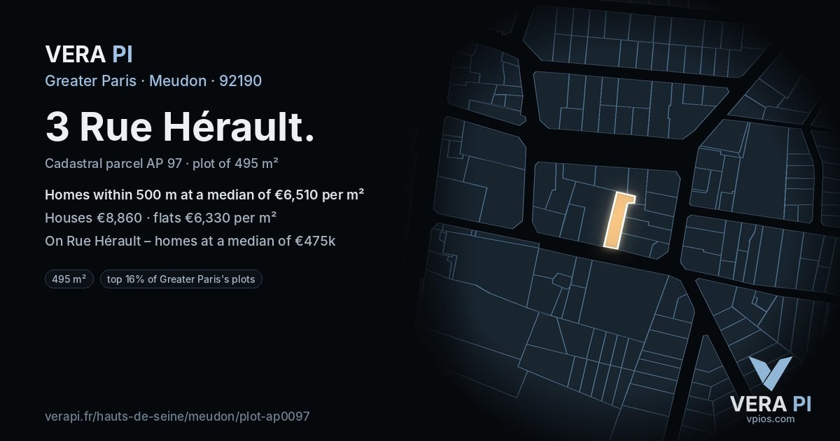 3 Rue Hérault, Meudon at night – the plot lit, the parcels around coloured by the prices near them