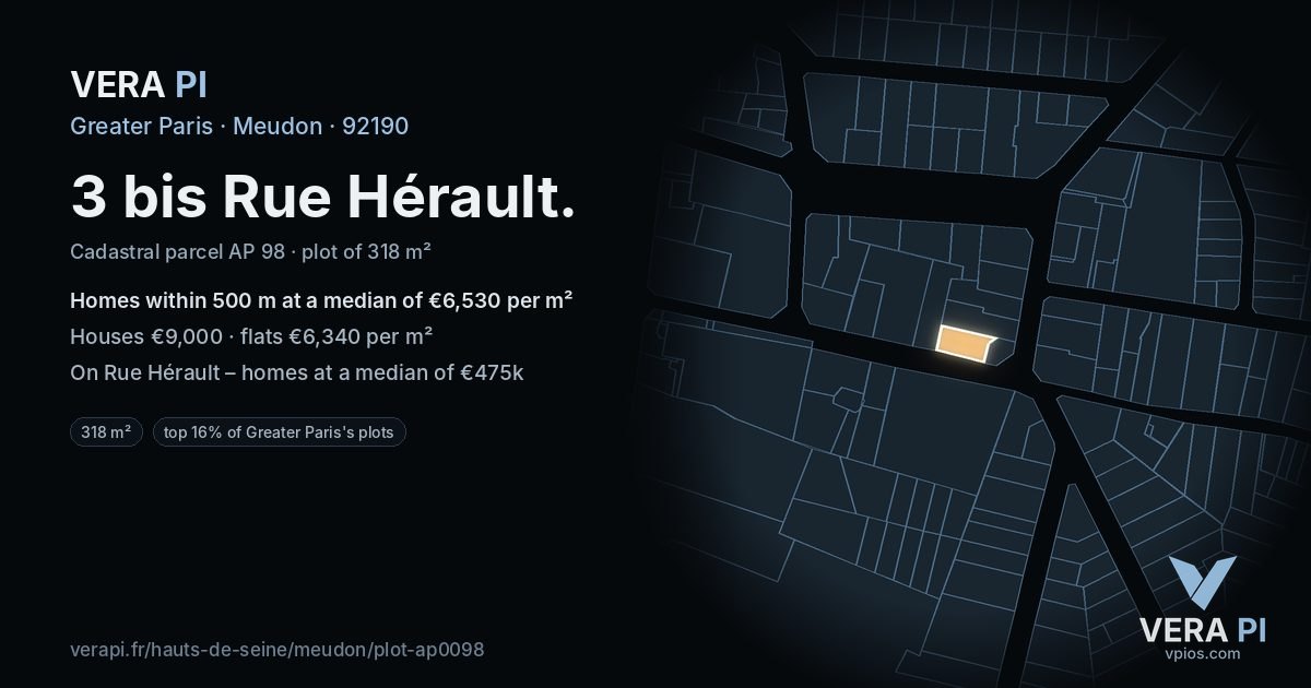 3 bis Rue Hérault, Meudon at night – the plot lit, the parcels around coloured by the prices near them
