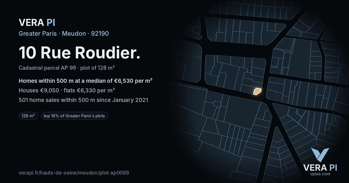 10 Rue Roudier, Meudon at night – the plot lit, the parcels around coloured by the prices near them