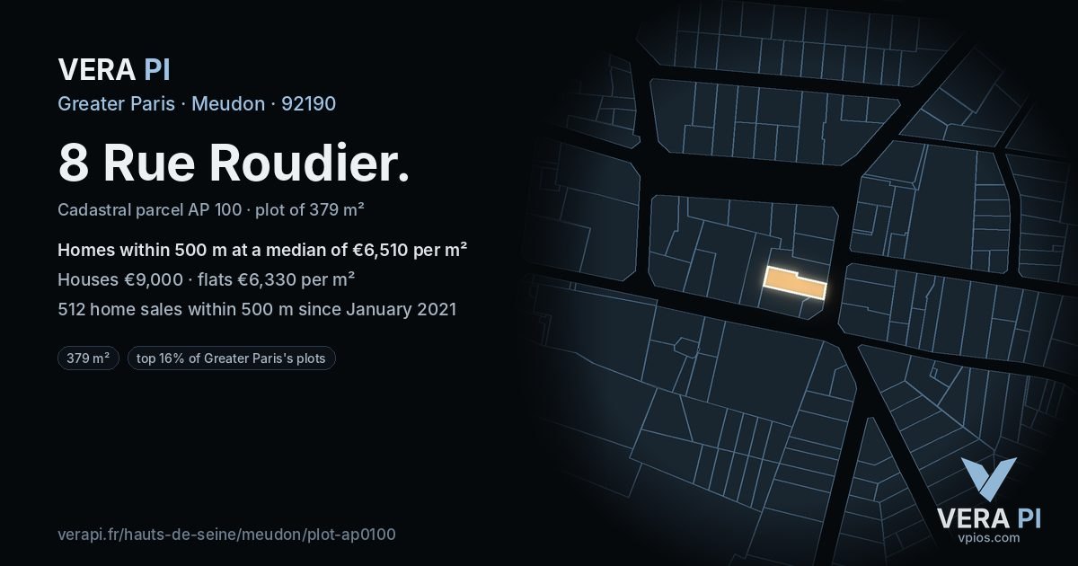 8 Rue Roudier, Meudon at night – the plot lit, the parcels around coloured by the prices near them