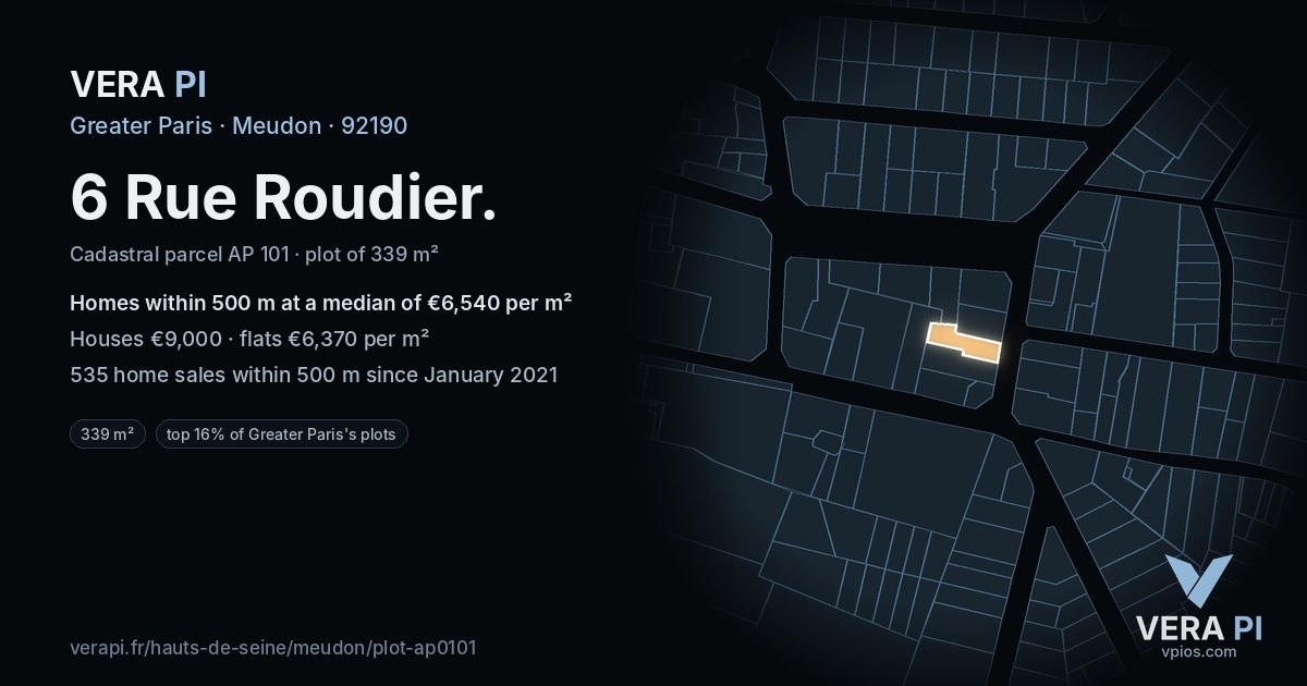 6 Rue Roudier, Meudon at night – the plot lit, the parcels around coloured by the prices near them
