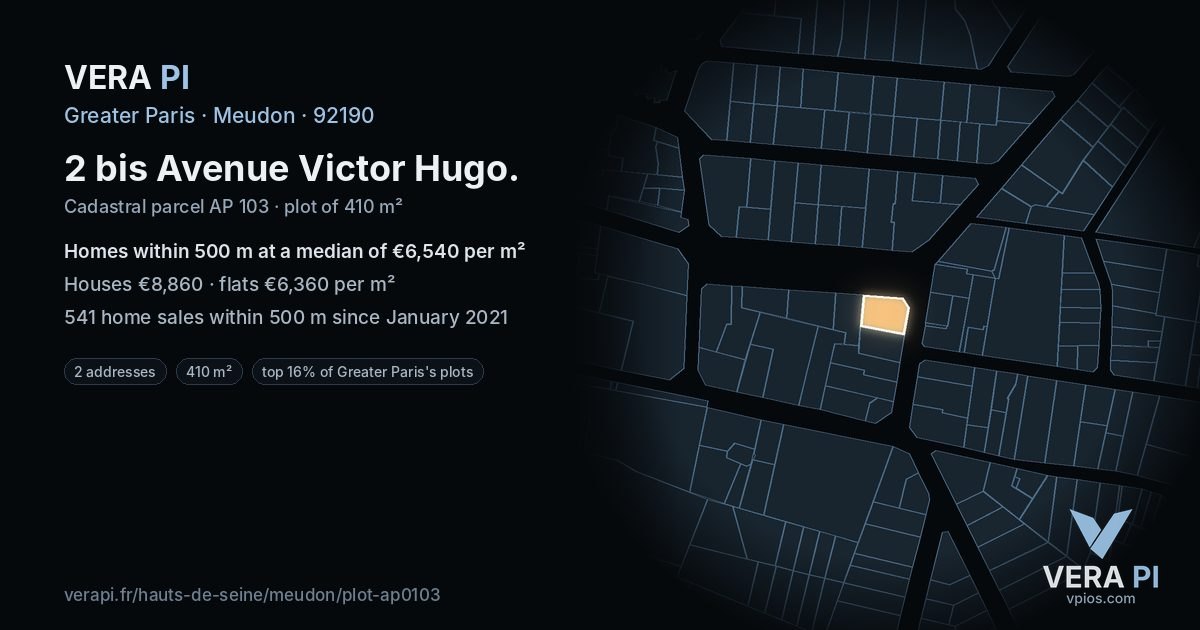 2 bis Avenue Victor Hugo, Meudon at night – the plot lit, the parcels around coloured by the prices near them