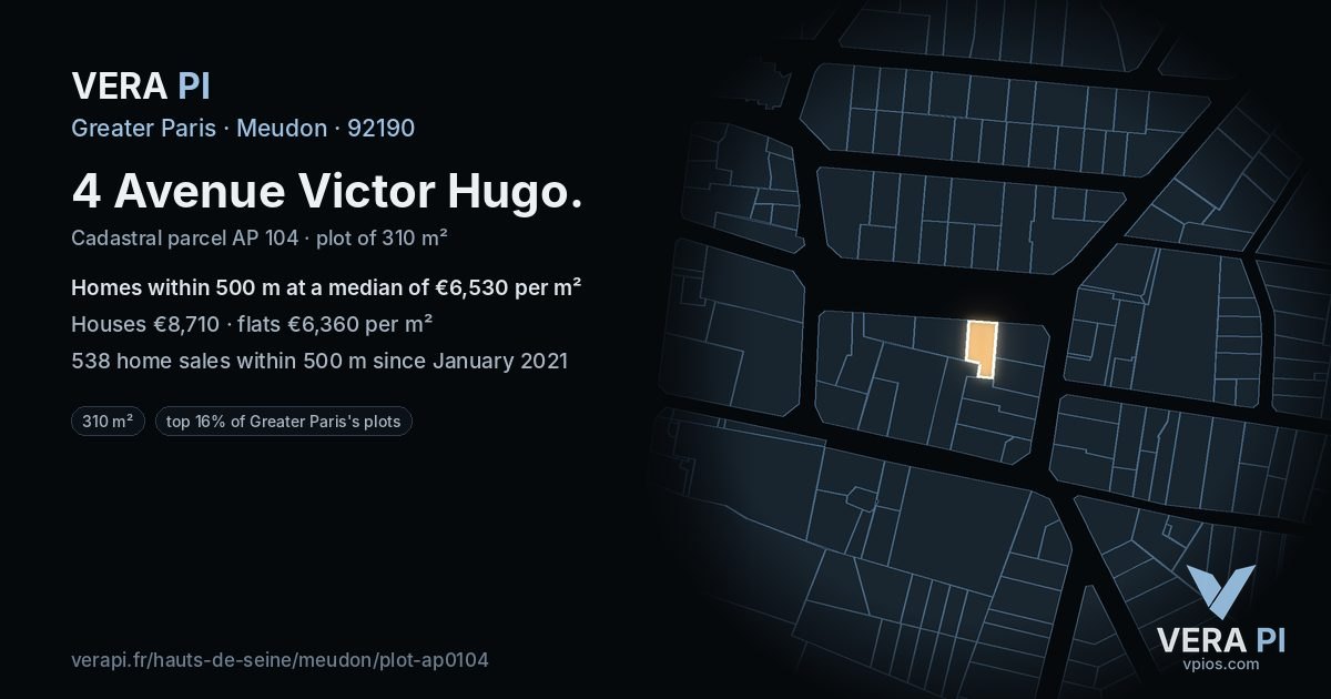 4 Avenue Victor Hugo, Meudon at night – the plot lit, the parcels around coloured by the prices near them