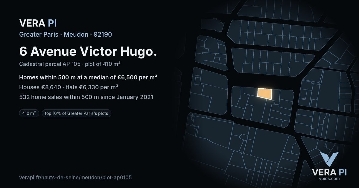 6 Avenue Victor Hugo, Meudon at night – the plot lit, the parcels around coloured by the prices near them