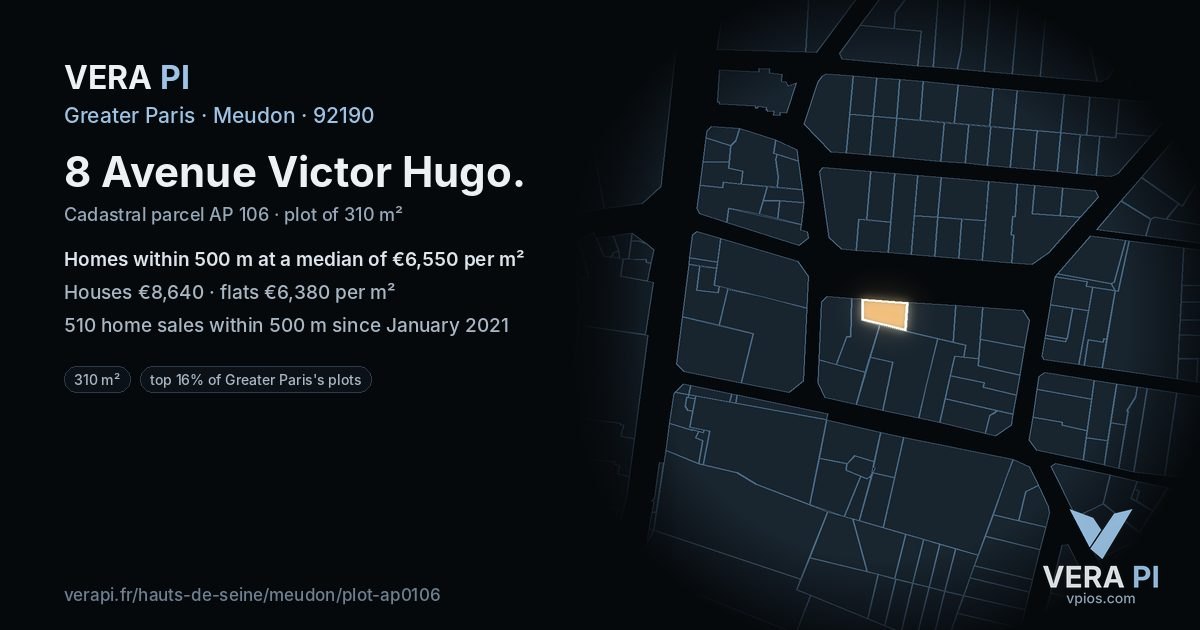 8 Avenue Victor Hugo, Meudon at night – the plot lit, the parcels around coloured by the prices near them