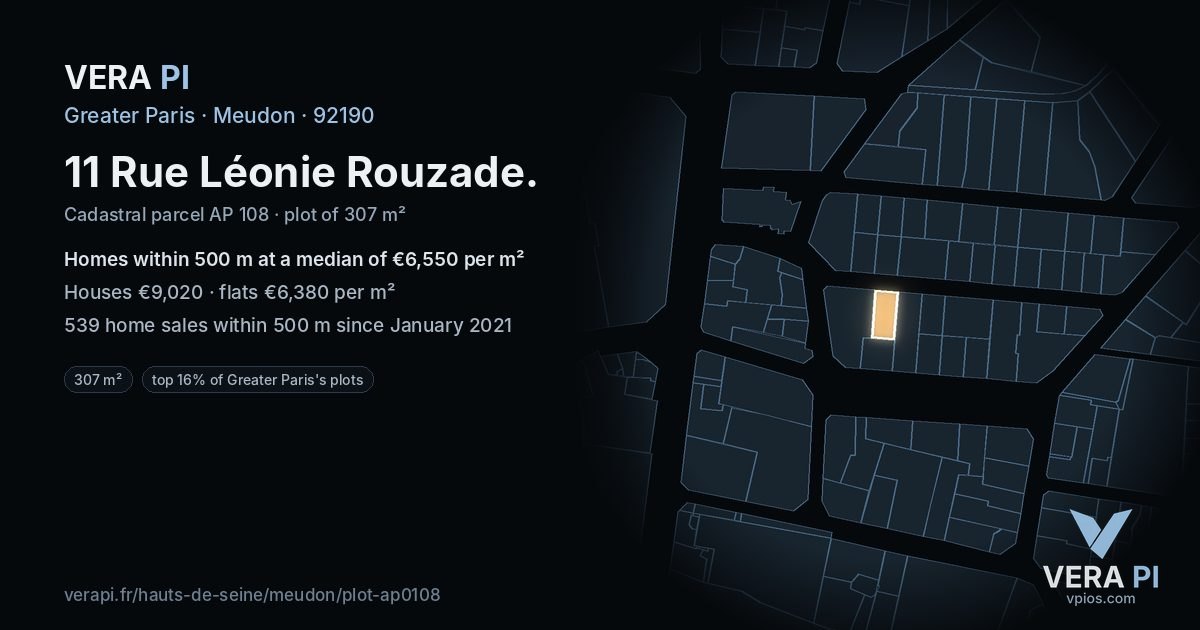 11 Rue Léonie Rouzade, Meudon at night – the plot lit, the parcels around coloured by the prices near them