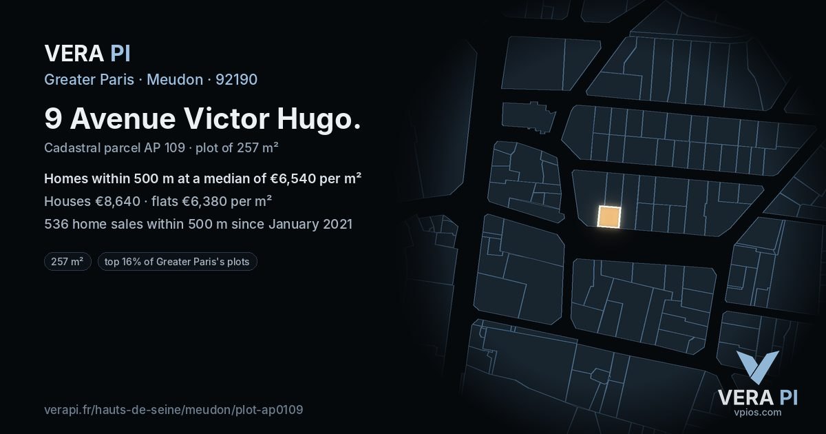 9 Avenue Victor Hugo, Meudon at night – the plot lit, the parcels around coloured by the prices near them