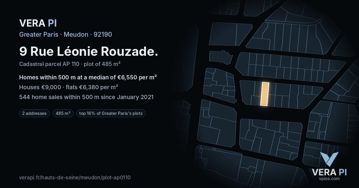 9 Rue Léonie Rouzade, Meudon at night – the plot lit, the parcels around coloured by the prices near them