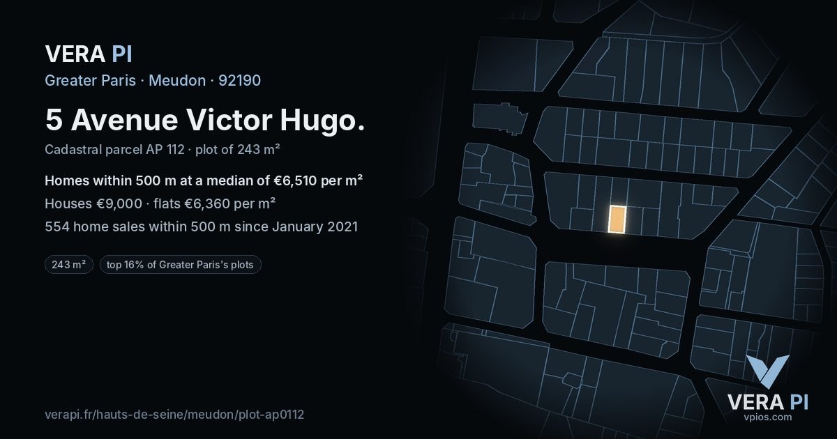 5 Avenue Victor Hugo, Meudon at night – the plot lit, the parcels around coloured by the prices near them