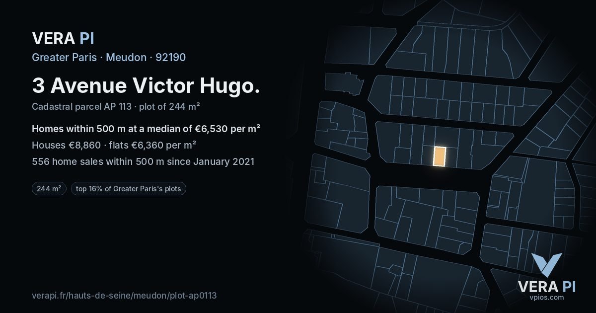 3 Avenue Victor Hugo, Meudon at night – the plot lit, the parcels around coloured by the prices near them