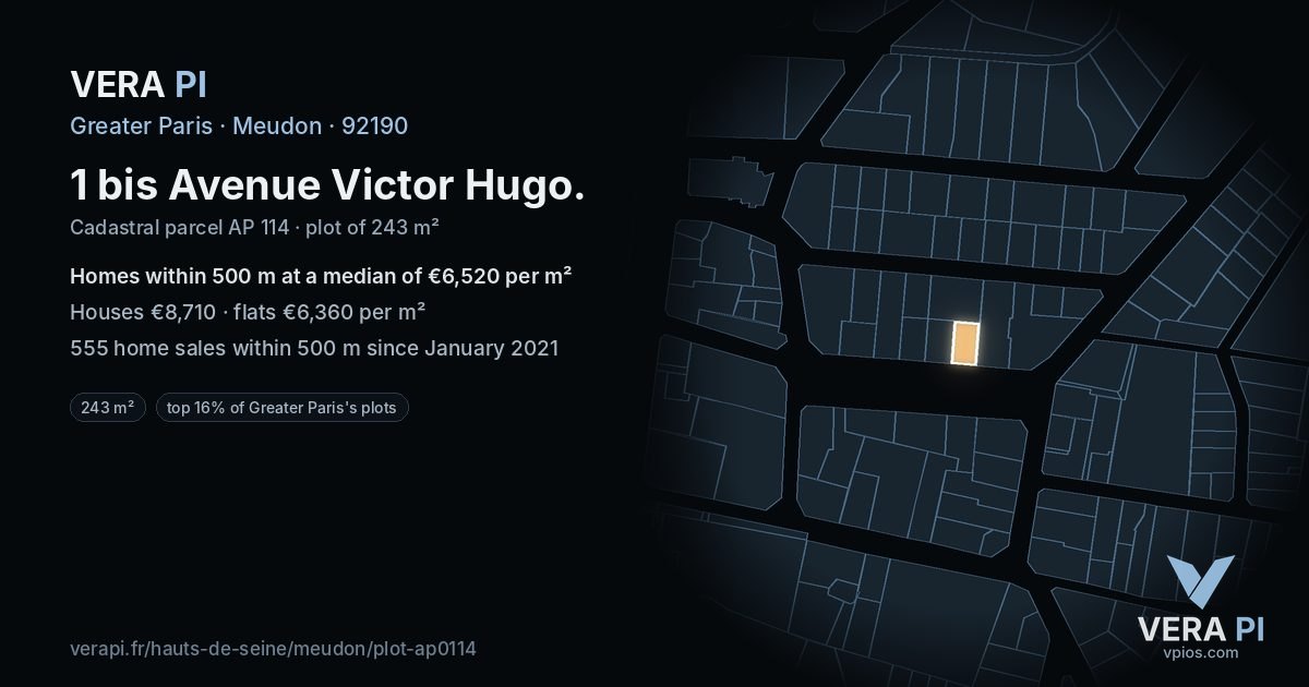 1 bis Avenue Victor Hugo, Meudon at night – the plot lit, the parcels around coloured by the prices near them