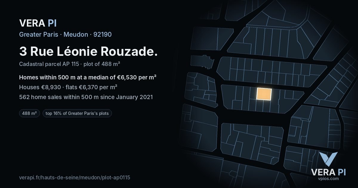 3 Rue Léonie Rouzade, Meudon at night – the plot lit, the parcels around coloured by the prices near them