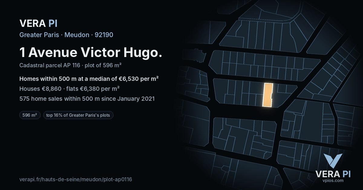 1 Avenue Victor Hugo, Meudon at night – the plot lit, the parcels around coloured by the prices near them