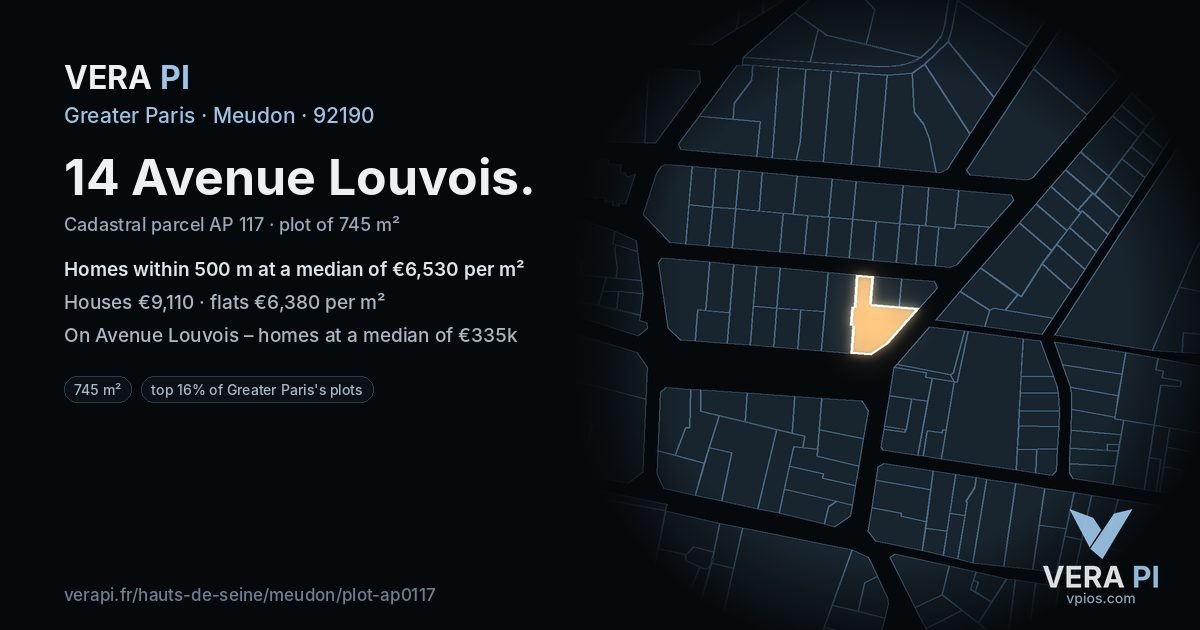14 Avenue Louvois, Meudon at night – the plot lit, the parcels around coloured by the prices near them