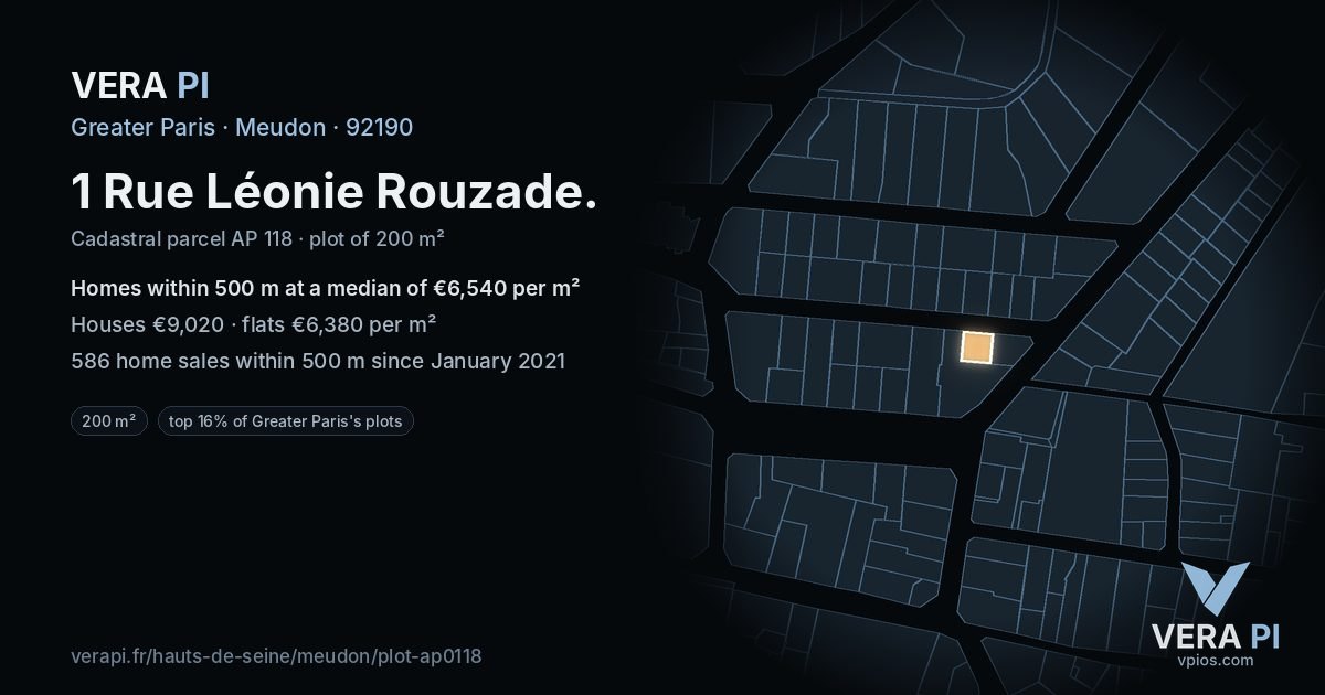 1 Rue Léonie Rouzade, Meudon at night – the plot lit, the parcels around coloured by the prices near them