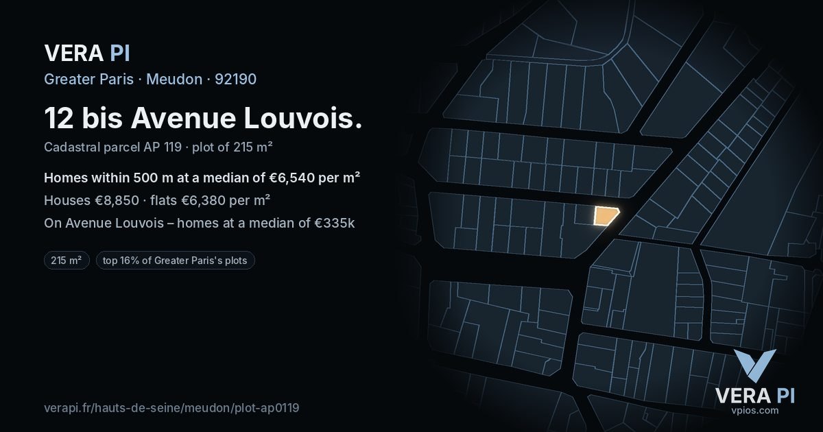 12 bis Avenue Louvois, Meudon at night – the plot lit, the parcels around coloured by the prices near them