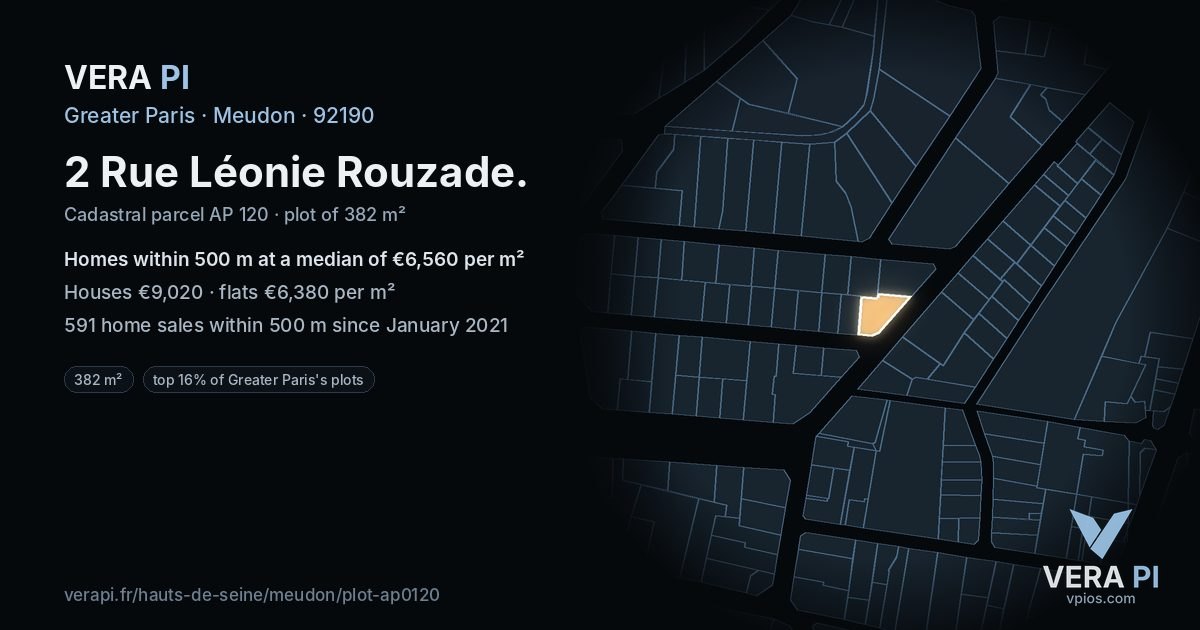 2 Rue Léonie Rouzade, Meudon at night – the plot lit, the parcels around coloured by the prices near them