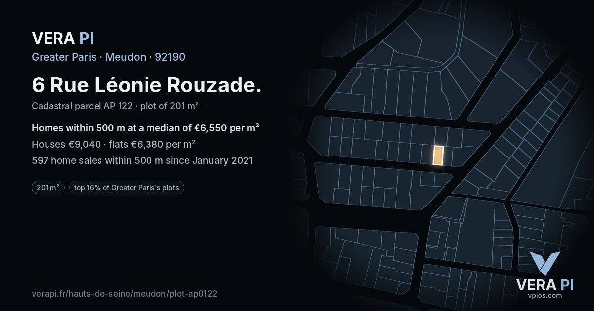 6 Rue Léonie Rouzade, Meudon at night – the plot lit, the parcels around coloured by the prices near them