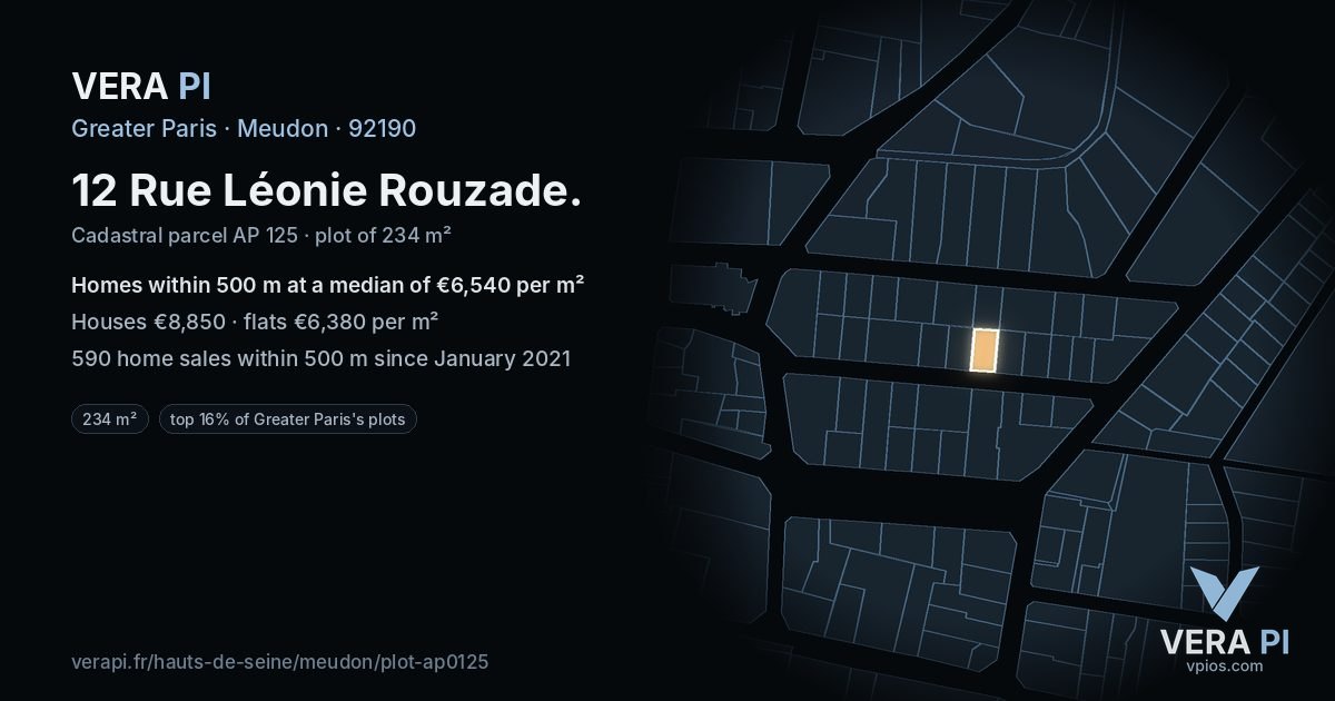 12 Rue Léonie Rouzade, Meudon at night – the plot lit, the parcels around coloured by the prices near them