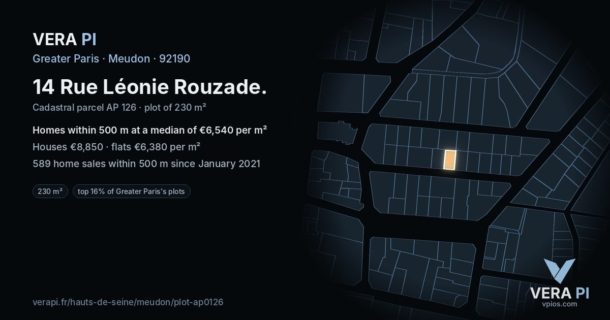 14 Rue Léonie Rouzade, Meudon at night – the plot lit, the parcels around coloured by the prices near them