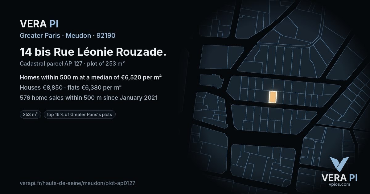 14 bis Rue Léonie Rouzade, Meudon at night – the plot lit, the parcels around coloured by the prices near them