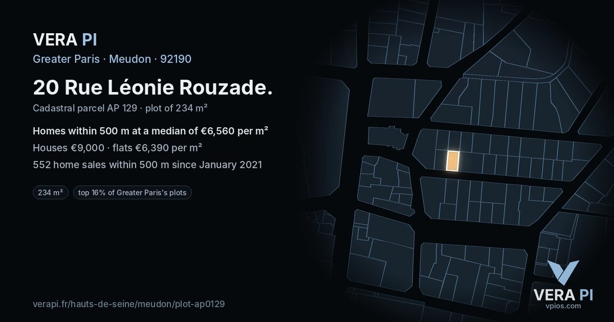 20 Rue Léonie Rouzade, Meudon at night – the plot lit, the parcels around coloured by the prices near them