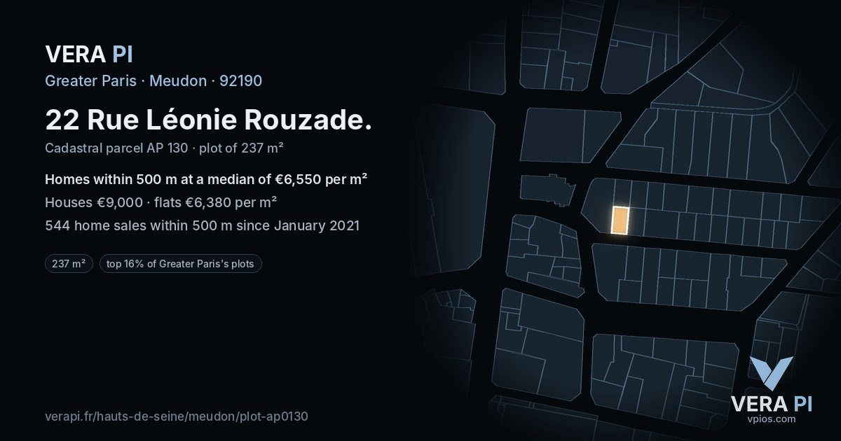 22 Rue Léonie Rouzade, Meudon at night – the plot lit, the parcels around coloured by the prices near them