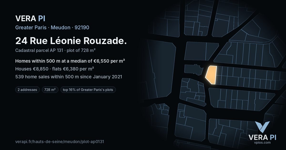 24 Rue Léonie Rouzade, Meudon at night – the plot lit, the parcels around coloured by the prices near them