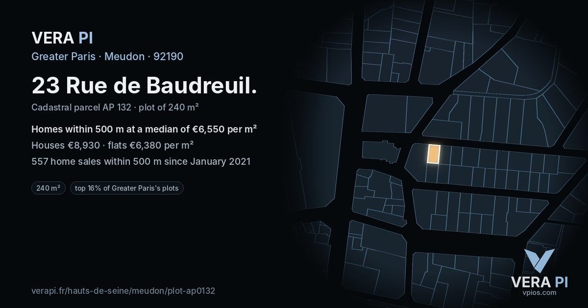 23 Rue de Baudreuil, Meudon at night – the plot lit, the parcels around coloured by the prices near them