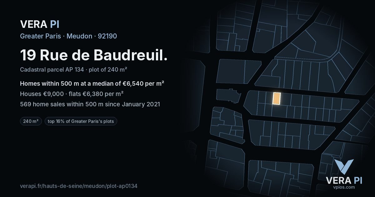 19 Rue de Baudreuil, Meudon at night – the plot lit, the parcels around coloured by the prices near them