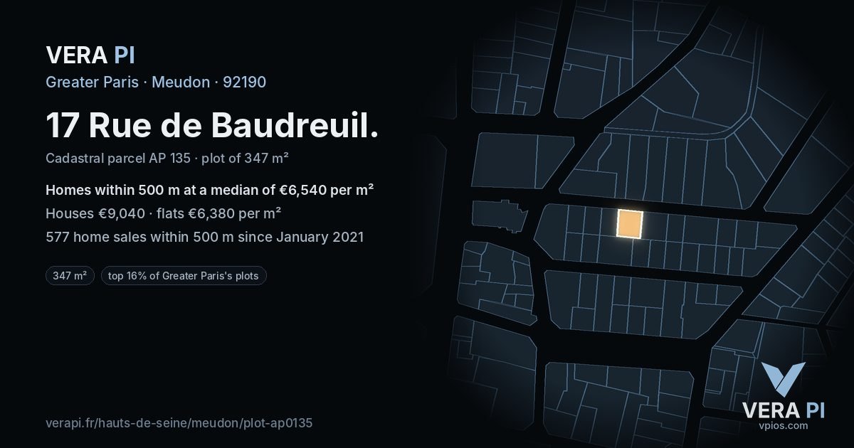 17 Rue de Baudreuil, Meudon at night – the plot lit, the parcels around coloured by the prices near them