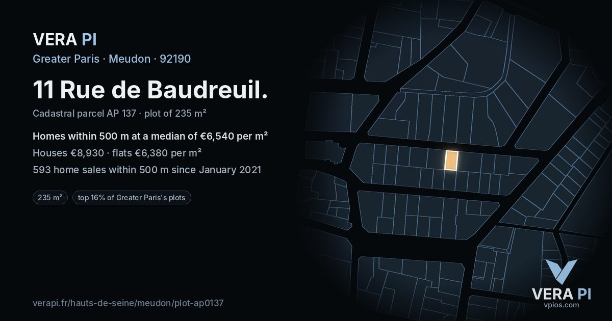 11 Rue de Baudreuil, Meudon at night – the plot lit, the parcels around coloured by the prices near them