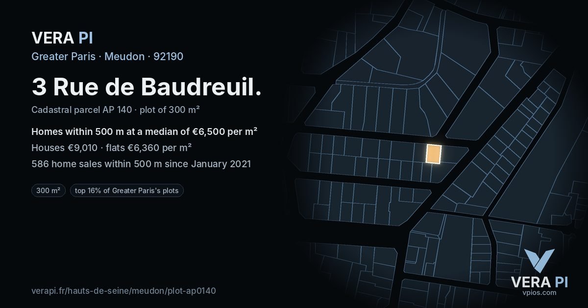 3 Rue de Baudreuil, Meudon at night – the plot lit, the parcels around coloured by the prices near them