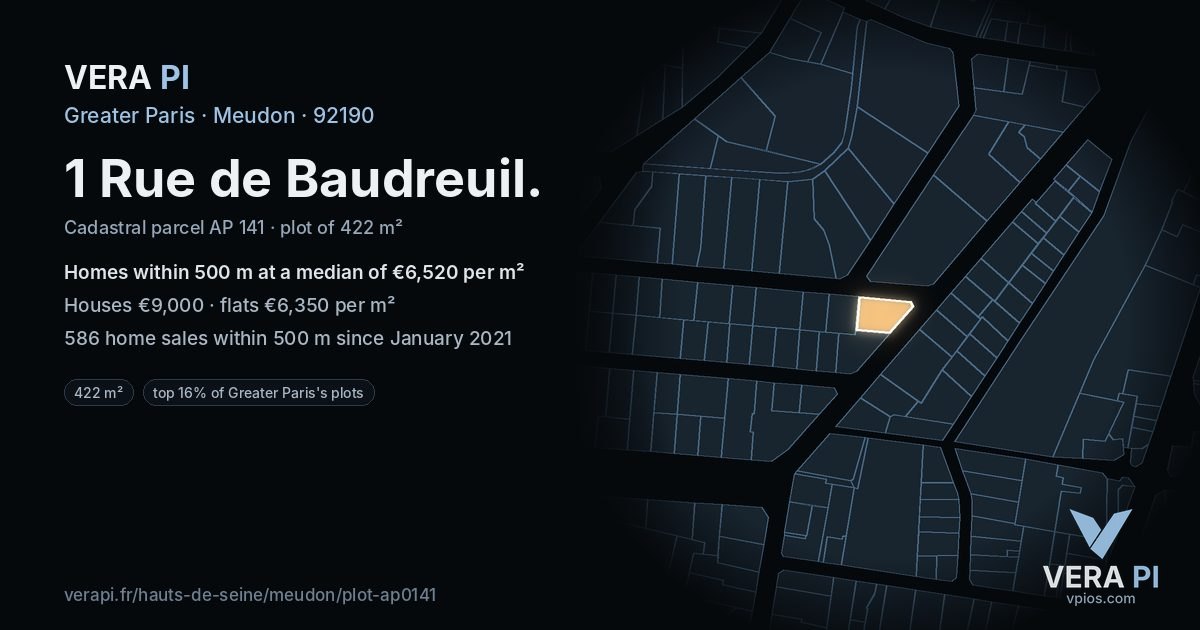 1 Rue de Baudreuil, Meudon at night – the plot lit, the parcels around coloured by the prices near them