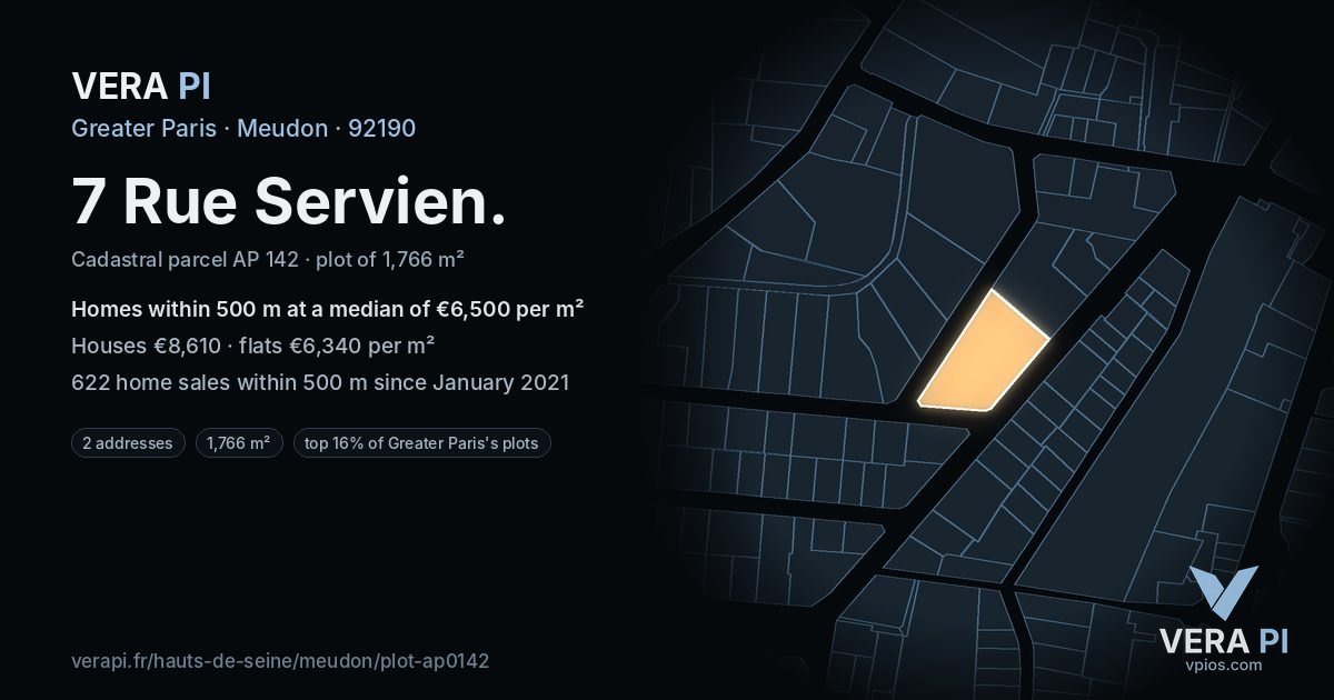 7 Rue Servien, Meudon at night – the plot lit, the parcels around coloured by the prices near them