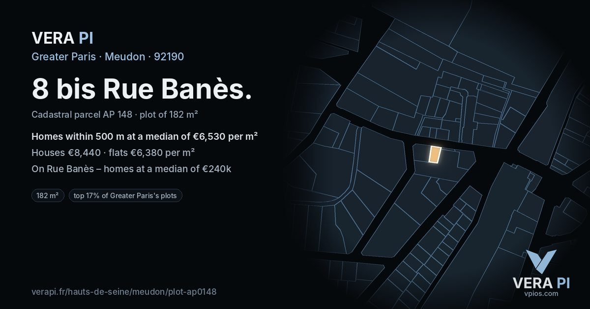 8 bis Rue Banès, Meudon at night – the plot lit, the parcels around coloured by the prices near them