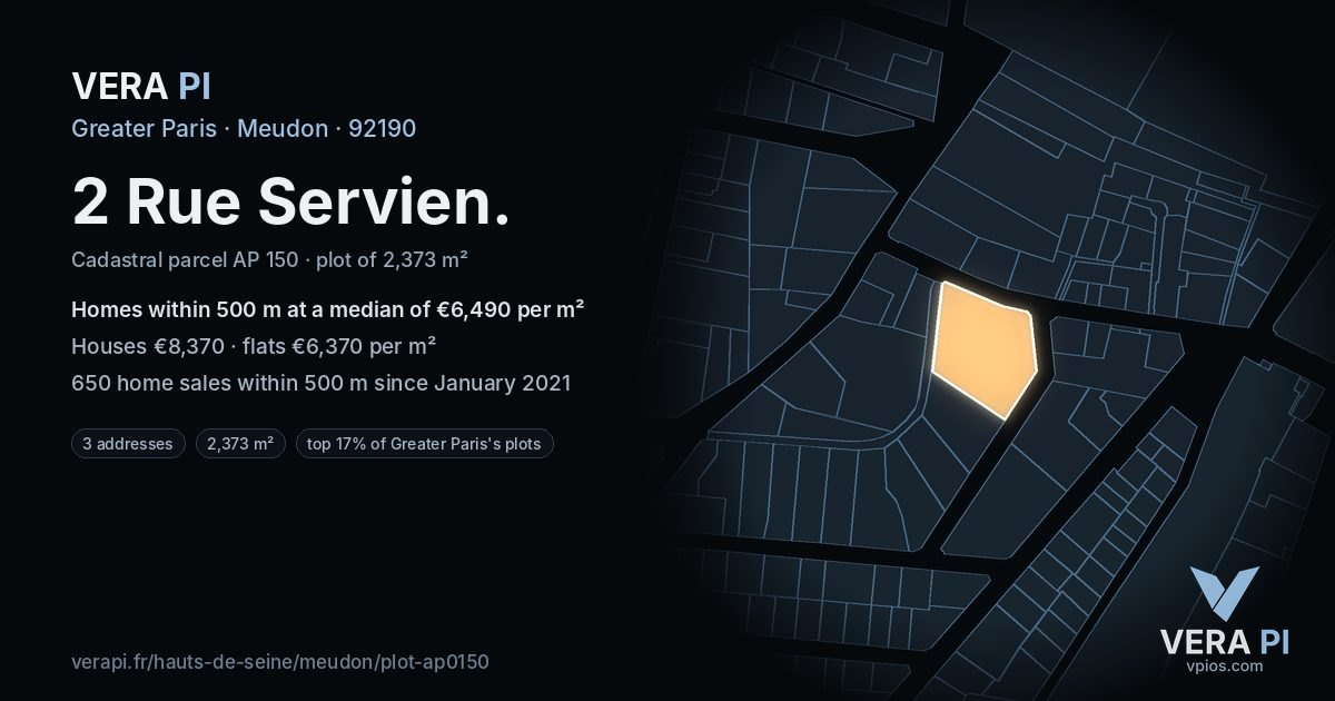 2 Rue Servien, Meudon at night – the plot lit, the parcels around coloured by the prices near them