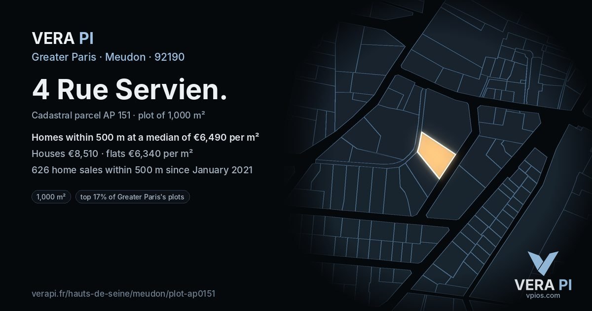 4 Rue Servien, Meudon at night – the plot lit, the parcels around coloured by the prices near them