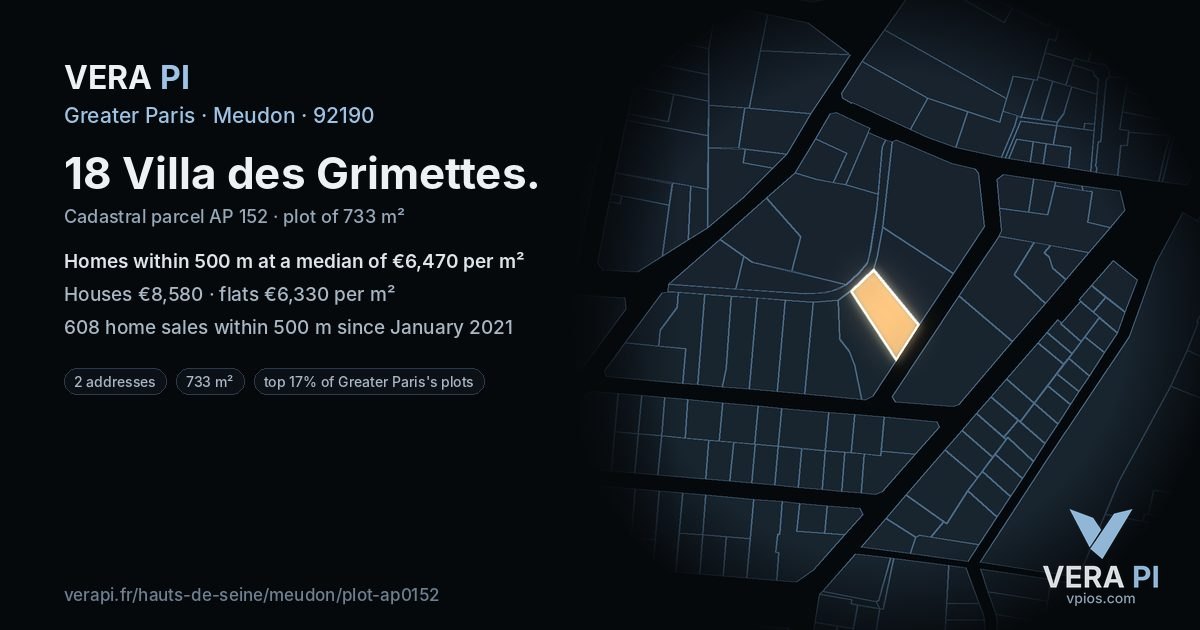 18 Villa des Grimettes, Meudon at night – the plot lit, the parcels around coloured by the prices near them