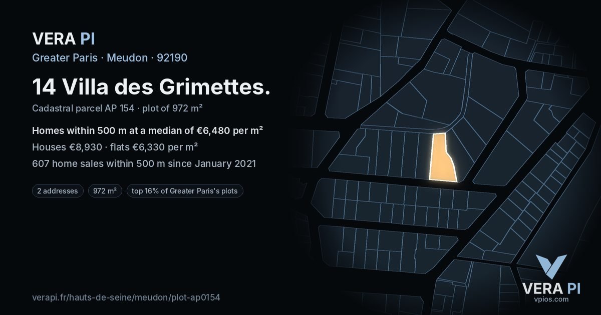 14 Villa des Grimettes, Meudon at night – the plot lit, the parcels around coloured by the prices near them