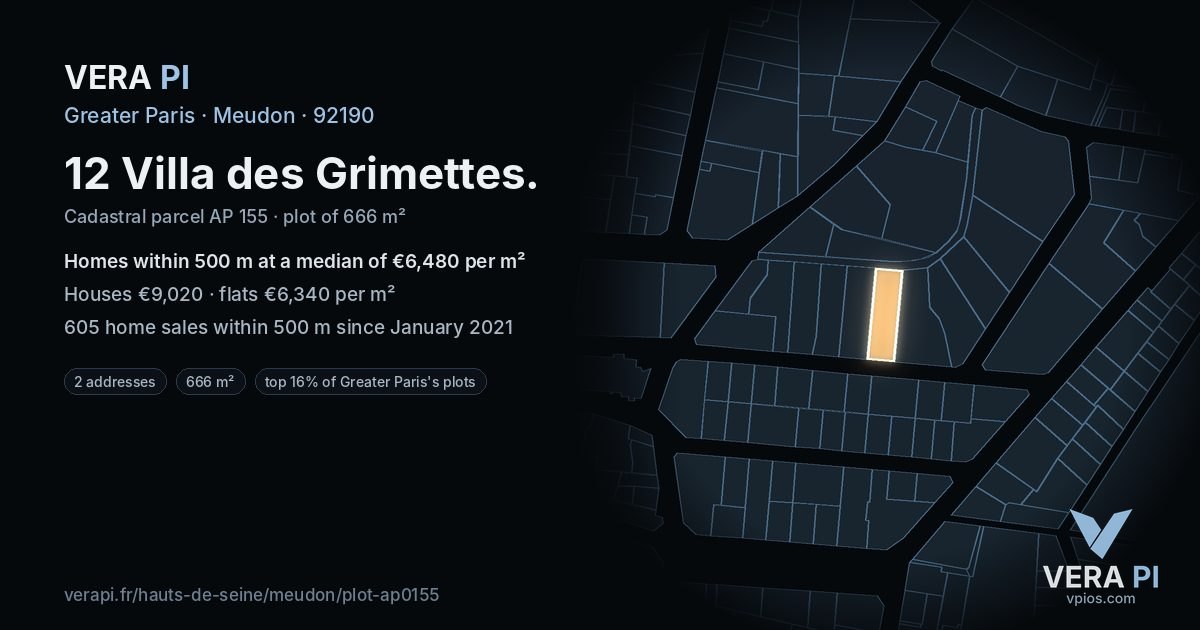 12 Villa des Grimettes, Meudon at night – the plot lit, the parcels around coloured by the prices near them