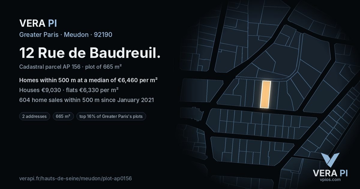 12 Rue de Baudreuil, Meudon at night – the plot lit, the parcels around coloured by the prices near them