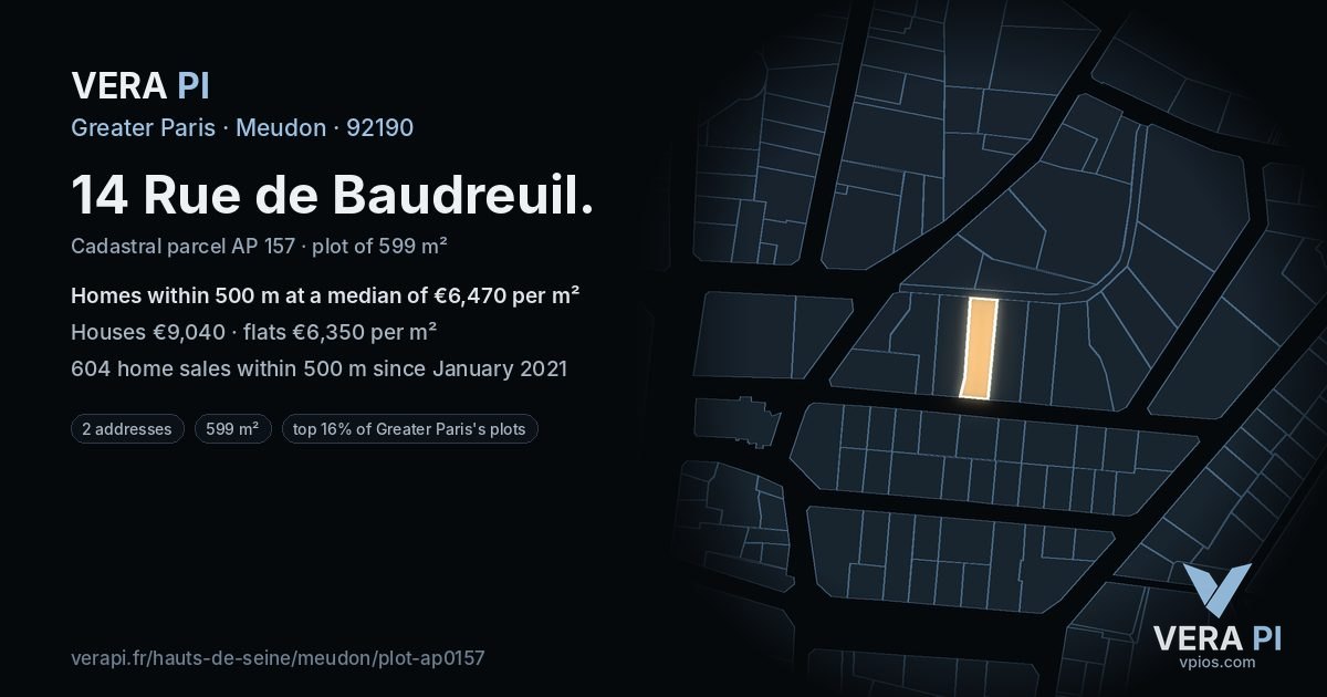 14 Rue de Baudreuil, Meudon at night – the plot lit, the parcels around coloured by the prices near them