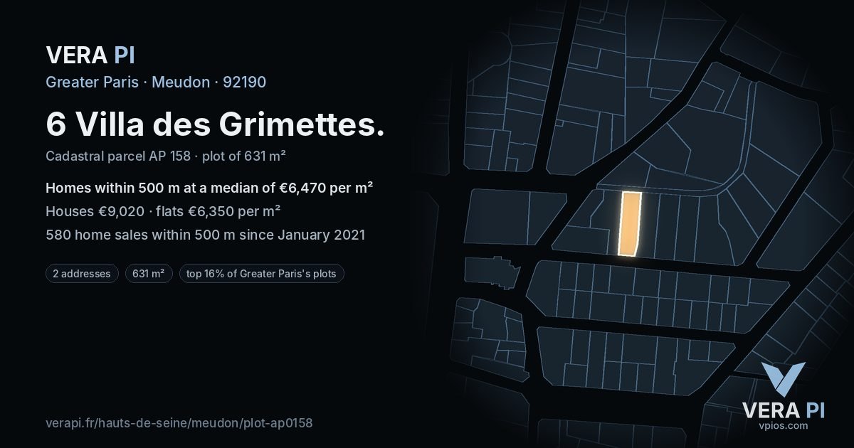 6 Villa des Grimettes, Meudon at night – the plot lit, the parcels around coloured by the prices near them