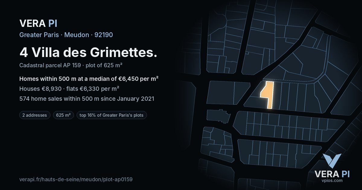 4 Villa des Grimettes, Meudon at night – the plot lit, the parcels around coloured by the prices near them