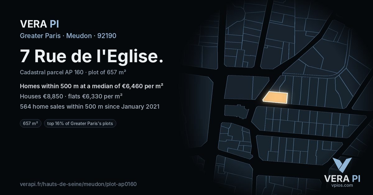7 Rue de l'Eglise, Meudon at night – the plot lit, the parcels around coloured by the prices near them