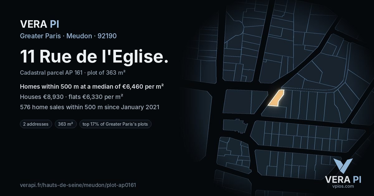 11 Rue de l'Eglise, Meudon at night – the plot lit, the parcels around coloured by the prices near them